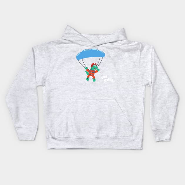 cartoon illustration of skydiving with litlle dinosaur Kids Hoodie by KIDS APPAREL